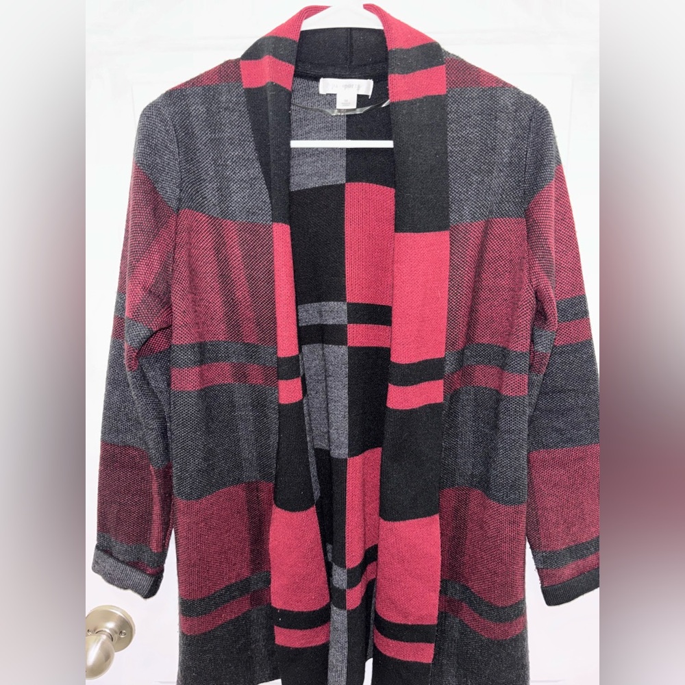 Plaid Open Front Cardigan Sweater - Red and Black